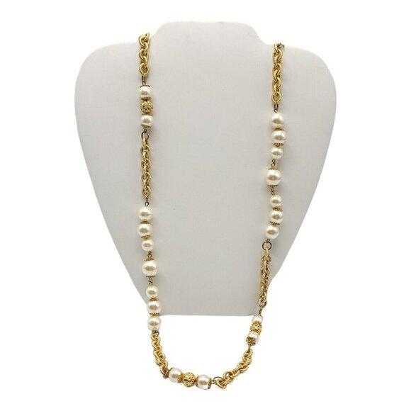 Faux Pearl Heavy Gold Tone Chain Link Long Vintage Necklace 33" Long - Picture 1 of 5